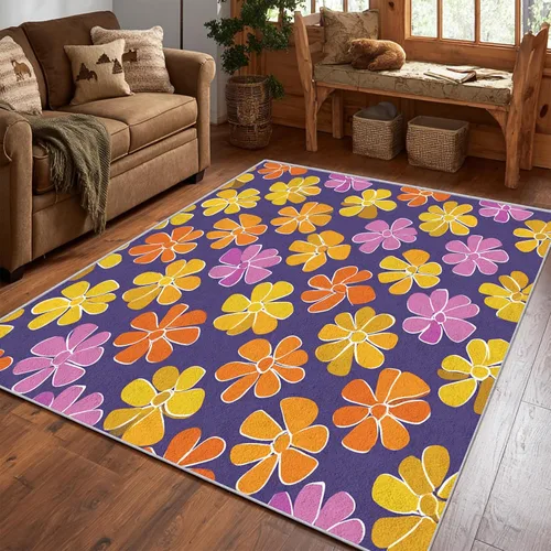 Miniatura 2 de Purple Flower Rugs for Living Room 7x8, Retro Floral Bedroom Carpet, Vintage 70s Bohemian Pattern Design Area Rug, Washable Non Slip Soft Area