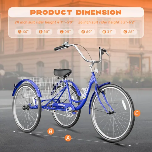 Miniatura 5 de Max4out Triciclo para adultos con cesta grande de 24/26 pulgadas, bicicleta de crucero estable de 3 ruedas para compras, triciclo de playa y ciudad