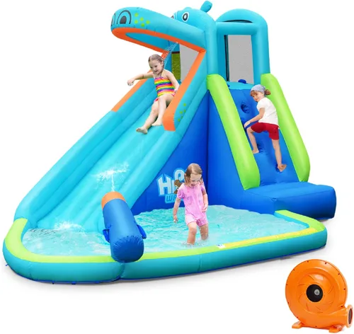 Miniatura 9 de HONEY JOY Tobogán acuático inflable, tema hipopótamo, parque acuático, casa de rebote para patio trasero, pared de escalada y tobogán, toboganes