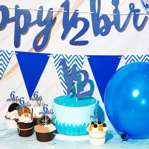 Miniatura 4 de Skylety Decoraciones de 1/2 de mitad de cumpleaños, traje de 6 meses, pancarta de bebé, decoración de cupcakes, bandera triangular, globos de Azul