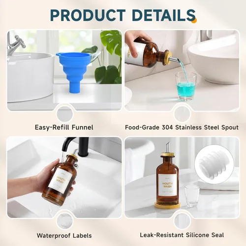 Miniatura 6 de Dispensador de enjuague bucal de vidrio para baño, contenedor de enjuague bucal recargable de 14 onzas con 2 tazas de vidrio y bandeja de bambú