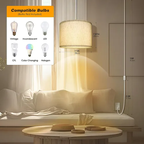 Miniatura 2 de WimiSom - Lámpara colgante enchufable, lámpara de 15 pies con cable enchufable, interruptor de encendido/apagado, pantalla de lino color beige
