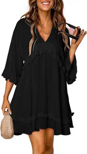 Dokotoo Vestido de verano 2023 con volantes de manga corta con cuello en V, vestido tipo túnica casual, holgado, con vuelo, vestido corto