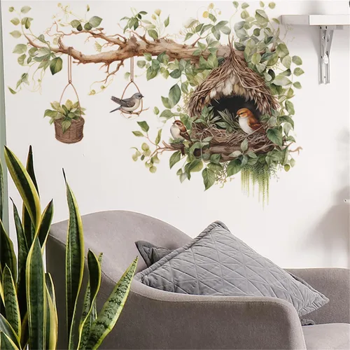 Vinilo decorativo de nido de pájaro y rama de árbol, adhesivo decorativo de vinilo para pared de rama de árbol grande con diseño de cesta colgante,