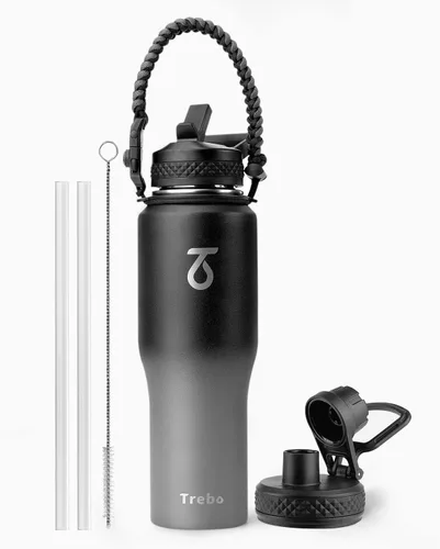 Miniatura 20 de Trebo Botella de agua de 40 onzas con aislamiento que cabe en portavasos de automóvil con asa, botellas de agua de acero inoxidable vaso con tapas