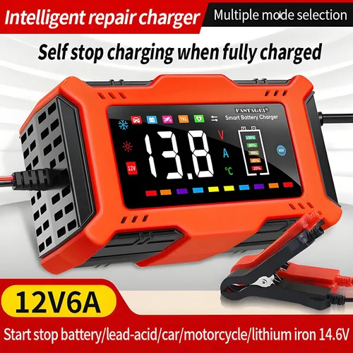 Miniatura 7 de Cargador de Batería LiFePO4/Plomo Ácido Cargador Inteligente de Goteo 12V 6A Mantenedor de Batería Automotriz Desulfator Compensación de Temperatura