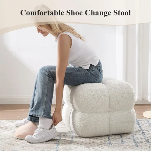 Miniatura 4 de Taburete otomano cuadrado, mesa de centro otomana Boucle con cobertura completa, taburete de tocador moderno, puf tapizado con reposapiés para Blanco