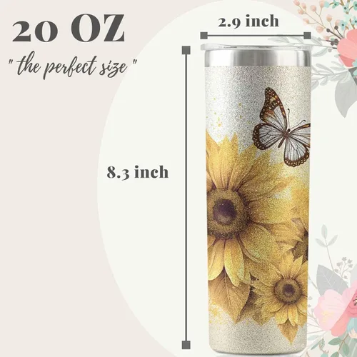 Miniatura 6 de Onebttl Regalos de mariposa de girasol para los amantes del girasol, vasos aislados de acero inoxidable de 20 onzas con tapas y pajitas, regalo