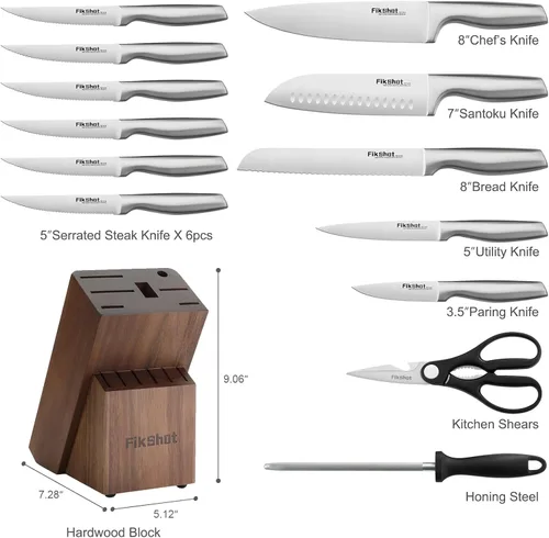 Miniatura 8 de Juego de bloque de cuchillos, juegos de cuchillos de cocina con bloque, juego de cuchillos FIKSHOT - Cuchillos Santoku ultra afilados
