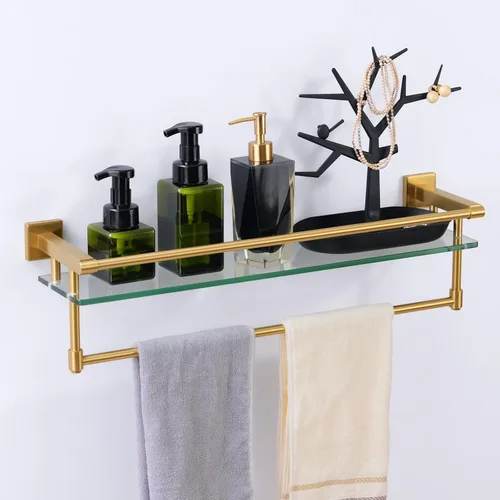 Miniatura 11 de Estante de baño de vidrio con barra para toallas, barra para toallas de acero inoxidable templado/estantes de baño de vidrio templado con riel