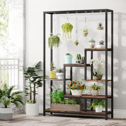 Miniatura 2 de Tribesigns Soporte alto para plantas de interior de 5 niveles, estante grande de metal para plantas de 70.9 pulgadas con 6 ganchos colgantes en S