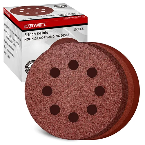 Miniatura 6 de 50 discos de lijado de grano 120 con gancho y bucle, almohadillas de lijadora orbitales de 5 pulgadas y 8 agujeros, papel de lija para madera