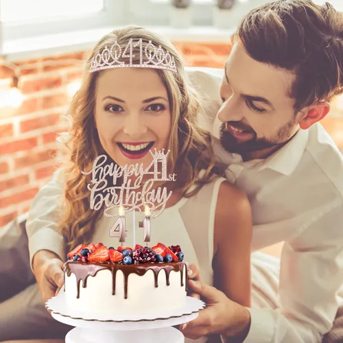 Miniatura 2 de Decoraciones de cumpleaños número 41 para mujer, que incluyen banda, corona/tiara, velas numéricas y adorno para pastel, regalos para mujeres de 41