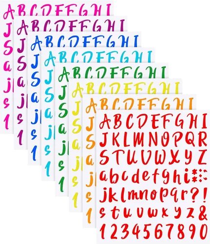 Outus 576 piezas de 8 hojas de calcomanías autoadhesivas de vinilo, letras del alfabeto, números, buzones, calcomanías para decoración de aula,