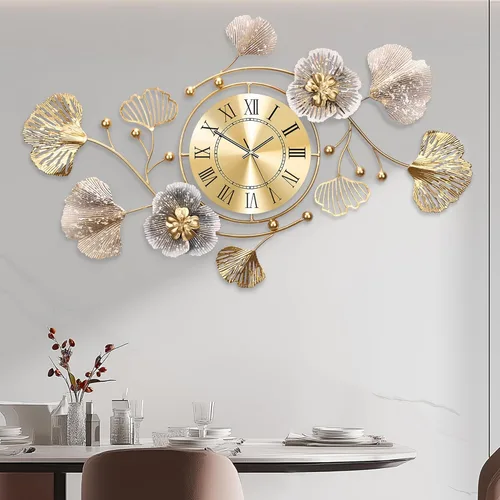 Miniatura 11 de Relojes para sala de estar, reloj de pared grande, reloj de pared silencioso 3D, diseño retro de hoja de ginkgo de metal, para dormitorio, cocina