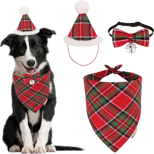 Miniatura 6 de ADOGGYGO Juego de bandana de Navidad para perro, sombrero y pajarita, clásica a cuadros rojos, bufanda de Navidad para mascotas, disfraz de Navidad