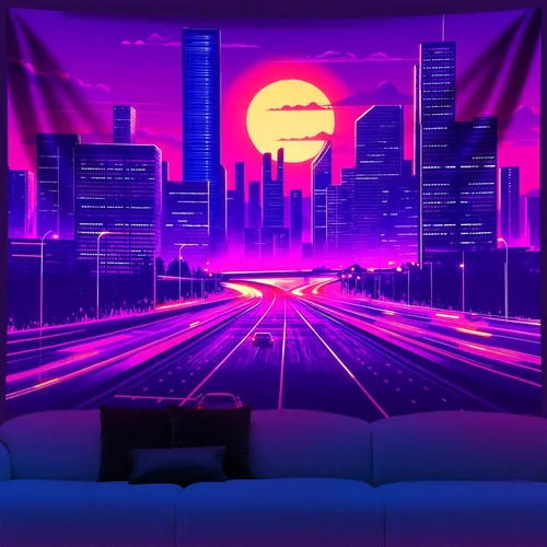 Miniatura 12 de NYZE Tapiz de luz negra de ciudad, tapiz de anime japonés, juego punk, fantasía, vista nocturna, paisaje urbano, arte futurista, neón, tapices
