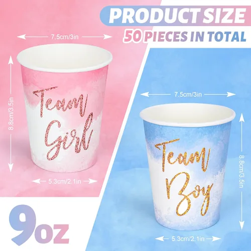 Miniatura 2 de Whaline 50 vasos de papel desechables para fiesta de revelación de género, color rosa, azul, equipo niña, equipo niño, tazas desechables