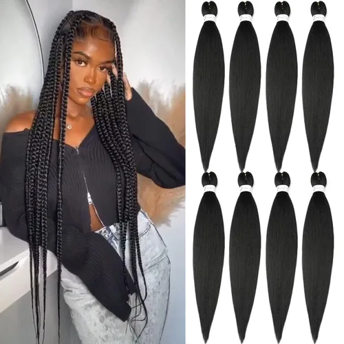 Miniatura 15 de Cabello trenzado preestirado de 24 pulgadas, 8 paquetes de extensiones de cabello sintético de fácil trenzado sintético profesional suave textura #1B