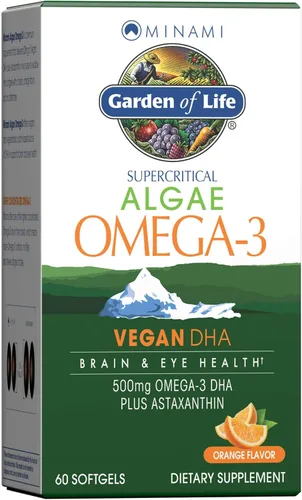 Garden of Life Minami Algae Omega 3 DHA vegano para la salud cerebral y ocular - Sabor naranja, 500 mg de aceite de algas vegano DHA Omega-3 a base