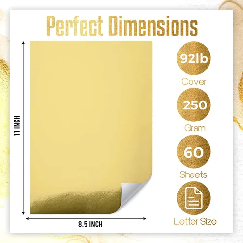 Miniatura 2 de Papel de cartulina dorado metálico, 60 piezas de 8.5 x 11 pulgadas (250 GSM) - Tablero de papel de aluminio dorado, superficie con acabado espejo