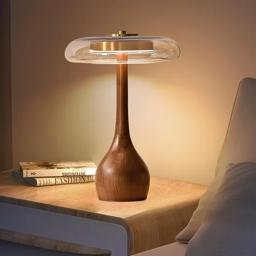 Miniatura 9 de Lámpara de mesa pequeña para dormitorio - lámpara de mesa con base de madera en forma de hongo lágrima, pantalla de vidrio ámbar, LED de tres