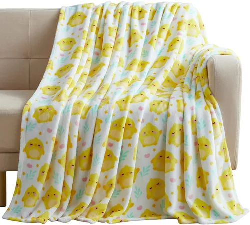 Manta de forro polar suave para primavera de niñas y niños: bebés, pollitos, pájaros, flores en suave y acogedor amarillo, verde, rosa sobre fondo