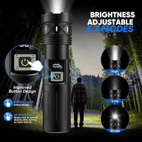 Miniatura 3 de Linternas de alta luminosidad de 100,000 lúmenes recargables, súper brillantes, LED de 50W, larga duración de 15 horas, entrada USB C y salida USB