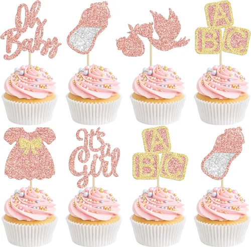Miniatura 10 de 24 piezas de decoración para cupcakes de baby shower Oh Baby con moño, botella para niño, azul profundo, purpurina para pasteles, decoraciones