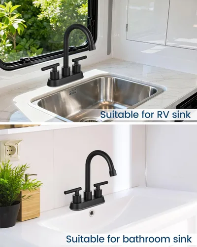 Miniatura 2 de Airuida Grifo de Lavabo de Baño Centrado de 4 Pulgadas – Grifo de Tocador de Acero Inoxidable de 2 Manijas con Desagüe Emergente, Líneas de Negro