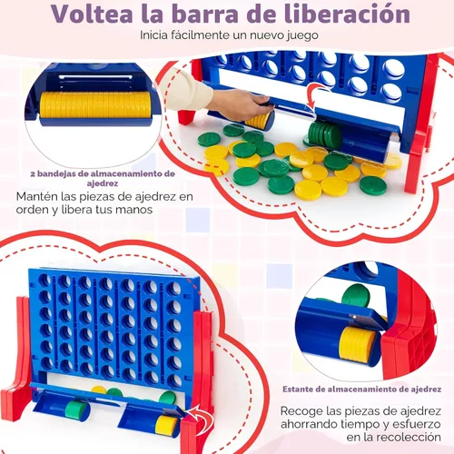 Miniatura 8 de COSTWAY - Juego gigante de 4 en línea con bolsa de transporte de almacenamiento, juego Jumbo de 4 en fila con ajedrez, deslizador de liberación