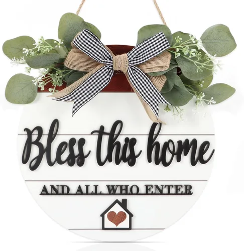 TOARTi Letrero 3D de madera "Bless This Home" para colgar en la puerta, señal de bienvenida para porche y pared con lazo-nudo y guirnalda, señal de