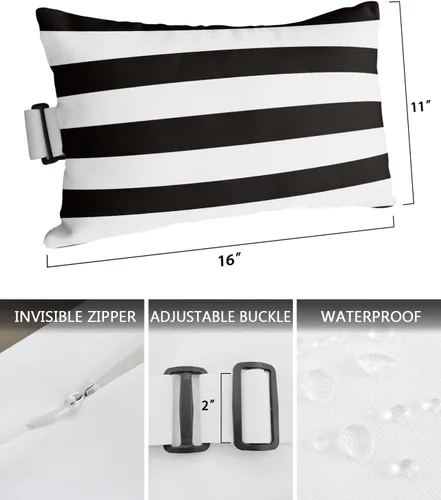 Miniatura 3 de Almohada de exterior para tumbona, diseño de rayas simples en blanco y negro, impermeable, almohada lumbar con inserto y correa elástica ajustable