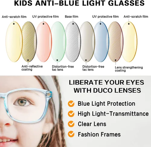 Miniatura 6 de DUCO K028 - Lentes de luz azul para niños y niñas, para juegos de computadora, antirrayos UV, para niños de 6 a 10 años Azul traslúcido