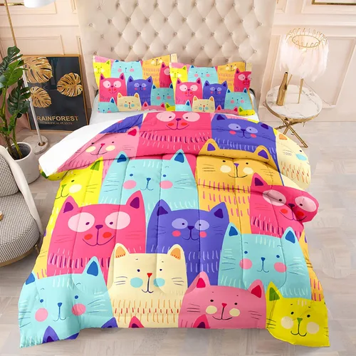 BailiPromise Juego de edredón con diseño de gato lindo para niños, ropa de cama de dibujos animados para mascotas, 3 piezas, tamaño Queen para niños