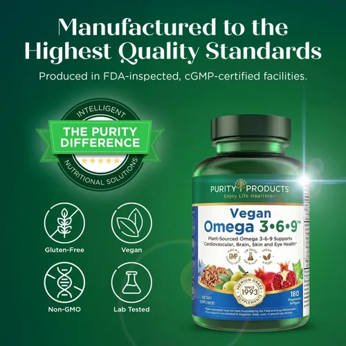 Miniatura 8 de Purity Products Omega 3-6-9 Fórmula Vegana y Vegetariana - Complejo de Ácidos Grasos Esenciales “5 en 1” - Ácidos Grasos Esenciales Omega 3 6 9