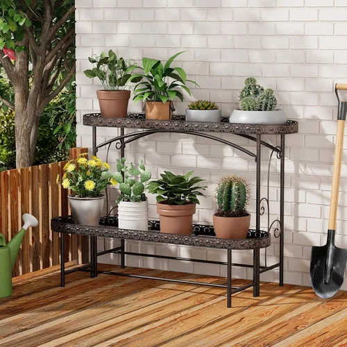 Miniatura 6 de Soporte para Plantas de Exterior Interior de 2 Niveles de Metal, Soporte para Plantas Desmontable de Servicio Pesado, Estante Alto Portamacetas