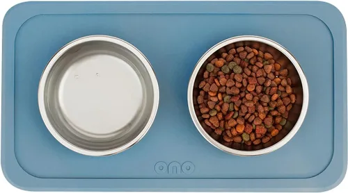 Miniatura 2 de Ono Good Bowl - Comedero doble para alimentos y agua, tapete de silicona antideslizante para mascotas pequeñas a medianas y cuencos de acero azul