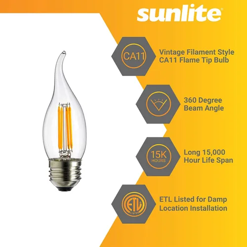 Miniatura 3 de Sunlite 80449 Bombilla LED CA11 de filamento de luz de araña con punta de llama, 4 vatios (equivalente a 40 W), base E26 media, regulable