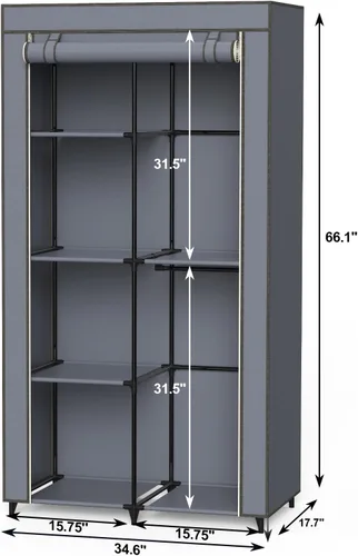 Miniatura 6 de Armario portátil, armario con 6 estantes de almacenamiento y 2 varillas para colgar, cubierta de tela no tejida, 34.6 x 17.7 x 66.1 pulgadas