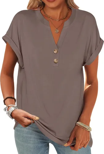 Miniatura 43 de ANRABESS - Camisetas Henley de manga corta para mujer, cuello en V, elegantes, estilo informal, de corte suelto; blusas fluidas de verano, ropa