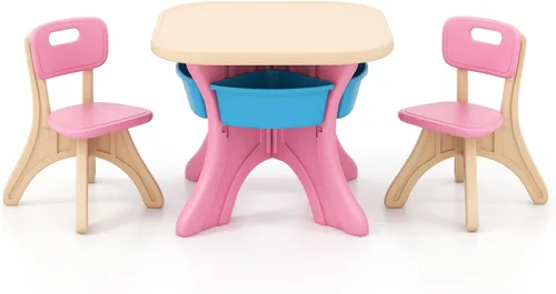 Miniatura 8 de DORTALA Juego de mesa y silla para niños, mesa de actividades de plástico para niños y 2 sillas con cubos de almacenamiento, mesa y sillas para Café