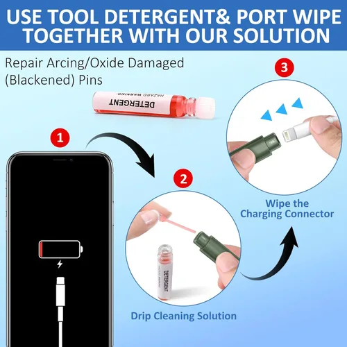 Miniatura 6 de Ordilend Kit de limpieza para iPhone para limpiador de puerto de carga, multiherramienta de reparación de limpiador de iPhone, cable Lightning, kit