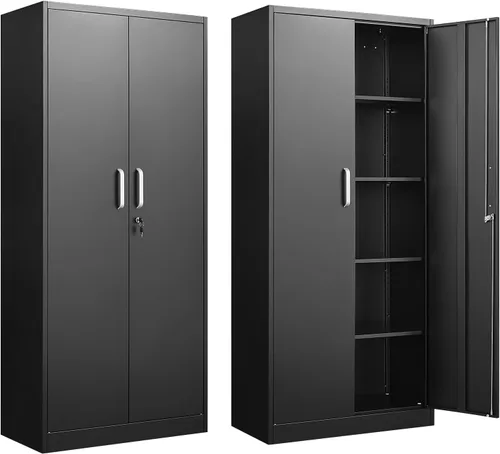 Approgreent Armario de almacenamiento de metal con estantes ajustables, armario de garaje con 2 puertas con cerradura, armario de almacenamiento de