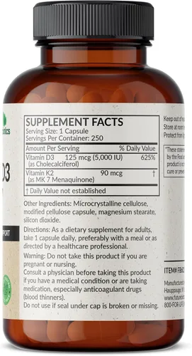 Miniatura 2 de Futurebiotics Vitamina K2 (MK7) con suplemento D3 - Fórmula sin OGM - 5000 UI de vitamina D3 y 90 microgramos de vitamina K2 MK-7, 250 cápsulas