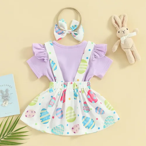 Miniatura 7 de Adobabirl Vestido de Pascua para niña recién nacida, mameluco de manga corta con conejo, huevos de Pascua, falda con tirantes, diadema