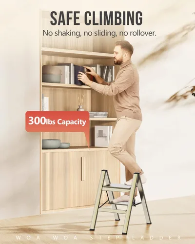 Miniatura 4 de WOA WOA Escalera de 2 escalones, taburete plegable, escalera ligera de aluminio para hogar, cocina y armario, pedales antideslizantes, fácil