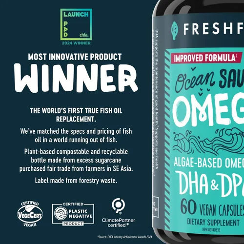 Miniatura 3 de Freshfield Omega 3, Suplementos de DHA, Fórmula potente 1 por día, Aceite de algas (algas), Omega vegano, aceite de pescado para ahorro de océano