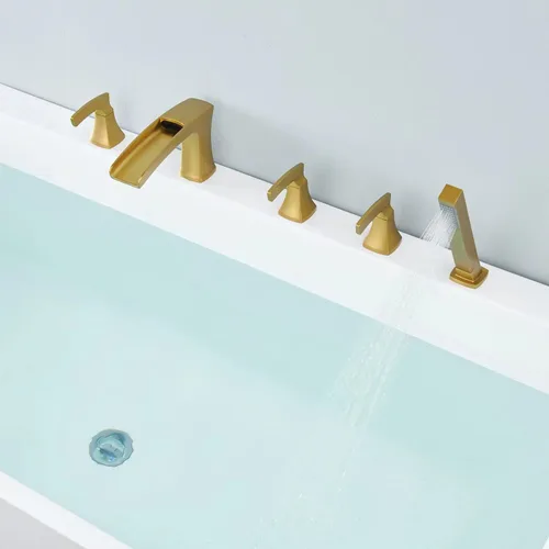 Miniatura 8 de Grifo de bañera romana, relleno de bañera de cascada de oro cepillado, grifos de baño de latón de 5 agujeros con ducha de mano