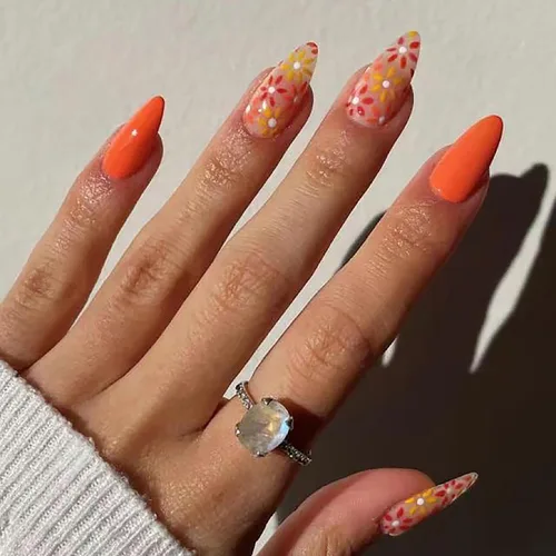 Miniatura 22 de Uñas postizas ovaladas a presión con puntas francesas, juego de uñas postizas cortas de flores artificiales, uñas postizas acrílicas con diseños